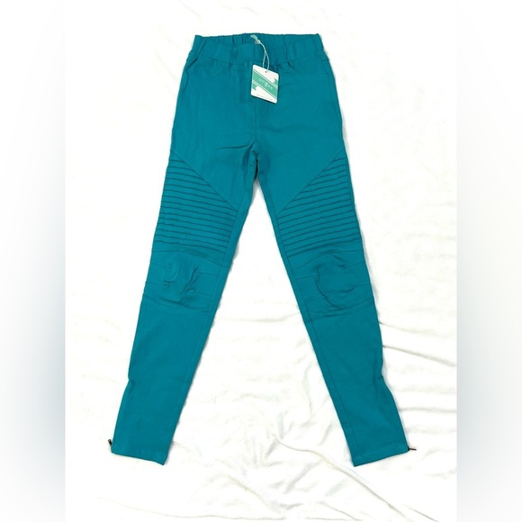 Umgee Women’s Aqua Ankle Zip Pull On Moto Jeggings Pant NWT size S - Picture 1 of 16